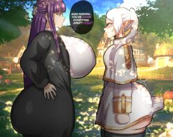 2girls anal anal_object_insertion breasts clothed_sex clothes dildo english_text female_focus fern_(sousou_no_frieren) frieren green_eyes grey_hair huge_breasts multiple_girls object_insertion pointy_ears purple_eyes purple_hair sex sex_toy sousou_no_frieren speech_bubble theoddyss thought_bubble