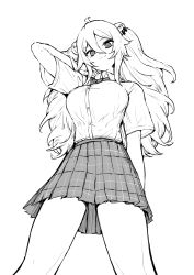 Rule 34 | 1girl, ahoge, animal ears, bow, bowtie, breasts, closed mouth, collared shirt, dress shirt, ear piercing, from below, greyscale, hair between eyes, hand in own hair, highres, hololive, large breasts, lion ears, long hair, looking at viewer, looking down, monochrome, not nodu, piercing, plaid, plaid skirt, pleated skirt, shirt, shishiro botan, short sleeves, simple background, skirt, solo, virtual youtuber, white background