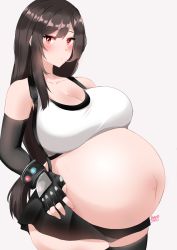 Rule 34 | 1girl, absurdres, artist name, bayoshii, big belly, black hair, black skirt, black thighhighs, blush, breasts, cleavage, closed mouth, collarbone, cowboy shot, curvy, elbow gloves, final fantasy, final fantasy vii, final fantasy vii remake, gloves, highres, large breasts, long hair, looking at viewer, miniskirt, outie navel, pregnant, red eyes, shiny skin, sidelocks, signature, simple background, skirt, solo, standing, suspender skirt, suspenders, tank top, thick thighs, thighhighs, thighs, tifa lockhart, very long hair, wide hips