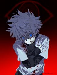 1boy ashsadila blood blood_on_clothes blood_on_face blue_eyes chinese_commentary commentary_request hand_on_own_arm hand_on_own_face highres hunter_x_hunter killua_zoldyck layered_sleeves long_sleeves male_focus pale_skin shaded_face shirt short_hair short_over_long_sleeves short_sleeves sleeves_past_wrists solo upper_body white_hair white_shirt