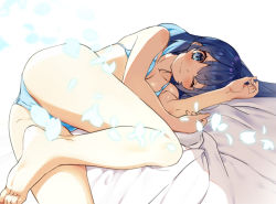 Rule 34 | 1girl, ass, barefoot, bed sheet, bikini, blue bikini, blue eyes, blue hair, blue petals, breasts, light blush, looking at viewer, lying, nyoro (nyoronyoro000), on side, one eye closed, original, small breasts, smile, soles, solo, swimsuit, thighs, white background