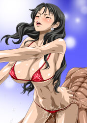 Rule 34 | 1boy, 1girl, abs, alvida (one piece), ass, bikini, black hair, breasts, censored, closed eyes, covered erect nipples, dark-skinned male, dark skin, hetero, highres, implied vaginal, jewelry, large breasts, long hair, mature female, muscular, muscular male, necklace, nel-zel formula, nipples, one piece, open mouth, panties, penis, pussy, red bikini, sex, source request, swimsuit, underwear, vaginal