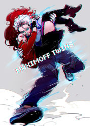 Rule 34 | 1boy, 1girl, animification, avengers: age of ultron, avengers (series), blue eyes, brother and sister, brown hair, carrying, gradient background, kogashirou, marvel, marvel cinematic universe, pietro maximoff, princess carry, red eyes, shoes, siblings, sneakers, wanda maximoff, white hair