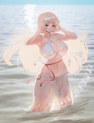 Rule 34 | 1girl, bikini, blonde hair, blue eyes, blush, breasts, cleavage, dot nose, hands up, huge breasts, large breasts, long hair, looking at viewer, miami-chan (ryusei hashida), mouth hold, navel, ocean, original, outdoors, ryusei hashida, smile, solo, standing, swimsuit, teeth hold, very long hair, wading, white bikini
