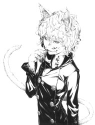 Rule 34 | 1boy, androgynous, animal ears, blood, cat ears, cat tail, curly hair, greyscale, hunter x hunter, male focus, monochrome, monster girl, neferpitou, other focus, short hair, solo, sousou (sousouworks), tail, trap, upper body