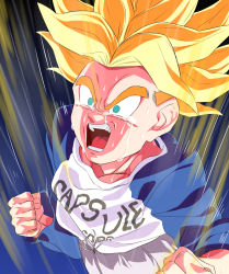 Rule 34 | 1boy, aura, blonde hair, capsule corp, clenched hands, crying, crying with eyes open, dragon ball, dragonball z, green eyes, highres, long sleeves, male focus, multicolored shirt, open mouth, pants, rom (20), shirt, solo, super saiyan, super saiyan 1, tears, trunks (dragon ball), trunks (future) (dragon ball)
