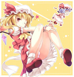 Rule 34 | 2girls, ;), ascot, bat wings, blonde hair, blue hair, dress, fang, fang out, flandre scarlet, hat, hat ribbon, hinooka shuuji, jacket, laevatein, looking at viewer, mob cap, multiple girls, o o, one eye closed, open clothes, open jacket, open mouth, panties, pink dress, pink panties, puffy sleeves, red eyes, red footwear, remilia scarlet, ribbon, running, sash, shirt, shoes, short sleeves, siblings, side ponytail, sisters, skirt, skirt set, smile, tears, touhou, underwear, upskirt, vest, wings, wink, wrist cuffs
