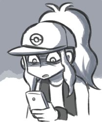 Rule 34 | 1girl, ayyk92, baseball cap, cellphone, constricted pupils, creatures (company), female focus, flat chest, game freak, grey background, greyscale, hand up, hat, hilda (pokemon), holding, looking down, lowres, monochrome, nintendo, open mouth, phone, poke ball symbol, poke ball theme, pokemon, pokemon bw, ponytail, shirt, simple background, sketch, sleeveless, sleeveless shirt, solo, two-tone background, upper body, vest, wristband