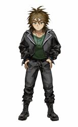 Rule 34 | 1boy, absurdres, black footwear, black jacket, black pants, boots, brown hair, closed mouth, cross-laced footwear, full body, green eyes, green shirt, hair between eyes, hands on own hips, highres, isoi reiji, iuew, jacket, jewelry, lace-up boots, long sleeves, looking at viewer, male focus, medium hair, necklace, open clothes, open jacket, pants, saibou shinkyoku, sanpaku, shirt, simple background, solo, white background
