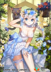Rule 34 | 1girl, ;d, bird, blue bow, blue eyes, blue flower, blush, bow, braid, braided ponytail, breasts, bridal garter, cat, cleavage, cowboy shot, dress, drooling, fang, floating hair, flower, hair flower, hair ornament, hand on lap, leaning forward, long hair, looking at viewer, medium breasts, miu (qurare), one eye closed, open mouth, pink flower, qurare magic library, short dress, silver hair, single braid, sleeveless, sleeveless dress, smile, solo, standing, strapless, strapless dress, very long hair, wedding dress, white dress, white flower, whoisshe, wrist cuffs