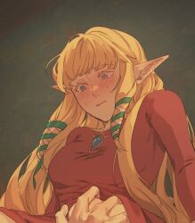 1boy 1girl blonde_hair blue_eyes blush breasts dress ear_blush embarrassed hands_on_another&#039;s_knees hetero indoors link long_hair medium_breasts nintendo pointy_ears princess_zelda pu_hegg red_dress sidelocks the_legend_of_zelda the_legend_of_zelda:_skyward_sword