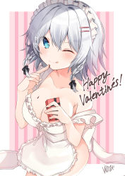 Rule 34 | 1girl, ;q, absurdres, apron, artist name, bare arms, bare shoulders, blue eyes, blush, braid, breasts, chocolate, cleavage, commentary request, cowboy shot, frilled apron, frills, hair between eyes, hair ornament, hairclip, happy valentine, highres, izayoi sakuya, looking at viewer, naked apron, navel, nenobi (nenorium), one eye closed, outside border, pink background, short hair, signature, silver hair, simple background, smile, solo, standing, stomach, thighs, tongue, tongue out, touhou, twin braids, white apron, white background