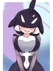 Rule 34 | 1girl, black hair, blowhole, blush, breasts, covered collarbone, covered eyes, covered navel, darus5, dress, facing viewer, fins, frills, hair over eyes, head fins, head tilt, highres, impossible clothes, impossible dress, kemono friends, large breasts, long sleeves, medium hair, multicolored hair, open mouth, orca (kemono friends), smile, solo, teeth, two-tone hair, upper teeth only, v arms, white hair