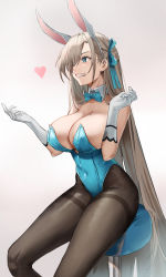 Rule 34 | 1girl, animal ears, aqua eyes, aqua leotard, asuna (blue archive), asuna (bunny) (blue archive), bare shoulders, black pantyhose, blue archive, bow, bowtie, breasts, cleavage, commentary request, covered navel, curled fingers, detached collar, fake animal ears, gloves, hair over one eye, heart, highleg, highleg leotard, highres, huge breasts, large breasts, leotard, mole, mole on breast, official alternate costume, pantyhose, platinum blonde hair, playboy bunny, sadriv, sidelocks, simple background, sitting, solo, strapless, strapless leotard, traditional bowtie, white background, white gloves