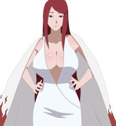 Rule 34 | 1girl, absurdres, agung911, alternate costume, armpits, bad tag, bare shoulders, black eyes, breasts, cape, cleavage, curvy, dress, facing viewer, female focus, hair ornament, hairclip, hand on own hip, hands on own hips, highres, hokage, large breasts, long dress, long hair, looking at viewer, mature female, naruto, naruto (series), naruto shippuuden, pale skin, red hair, revealing clothes, shounen jump, sleeveless, sleeveless dress, smile, solo, standing, uzumaki kushina, wide hips
