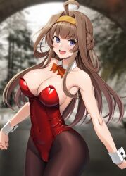 Rule 34 | 1girl, :d, ahoge, armpit crease, bare shoulders, blurry, blurry background, braid, braided bun, breasts, cameltoe, commentary, covered navel, detached collar, fang, hair bun, hair intakes, hairband, highres, ichikawa feesu, kantai collection, kongou (kancolle), large breasts, leotard, light brown hair, long hair, looking at viewer, open mouth, pantyhose, photo background, purple eyes, red leotard, sidelocks, smile, solo, strapless, strapless leotard, symbol-only commentary, textless version, wrist cuffs, yellow hairband