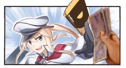Rule 34 | 10s, 1girl, blonde hair, blue eyes, capelet, card, commentary request, gift card, gloves, graf zeppelin (kancolle), grin, hair between eyes, hat, holding, holding card, ido (teketeke), kantai collection, money, open mouth, peaked cap, sidelocks, smile, solo focus, twintails