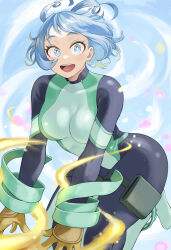 Rule 34 | 1girl, :d, absurdres, blue bodysuit, blue eyes, blue hair, bodysuit, boku no hero academia, breasts, drill hair, energy, fengling (furin-jp), gloves, green bodysuit, hadou nejire, hair horns, highres, large breasts, light blue hair, looking at viewer, multicolored bodysuit, multicolored clothes, official alternate hair length, official alternate hairstyle, open mouth, short hair, skin tight, smile, solo, superhero costume, thigh strap, thighs, twin drills, yellow gloves