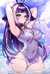Rule 34 | 1girl, ahoge, animal ears, arm tattoo, belt collar, black hair, blue collar, breasts, cetacean tail, cleavage, cloud, cloudy sky, collar, covered navel, facial tattoo, fins, fish tail, grey one-piece swimsuit, heart, heart-shaped pupils, heart ahoge, highres, indie virtual youtuber, large breasts, long hair, looking at viewer, multicolored hair, nypo, one-piece swimsuit, orca girl, purple eyes, see-through swimsuit, shylily, shylily (3rd costume), sky, solo, streaked hair, swimsuit, symbol-shaped pupils, tail, tattoo, two-tone swimsuit, virtual youtuber, white hair, white one-piece swimsuit