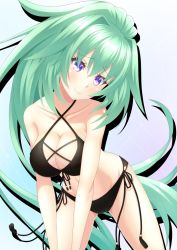 Rule 34 | 1girl, bare arms, bare shoulders, bikini, black bikini, blue background, blush, breasts, choujigen game neptune, closed mouth, collarbone, commentary request, gradient background, green hair, green heart (neptunia), hair between eyes, head tilt, high ponytail, highres, large breasts, leaning forward, long hair, navel, neptune (series), ponytail, purple eyes, sakaki jin&#039;ya, side-tie bikini bottom, smile, solo, swimsuit, very long hair