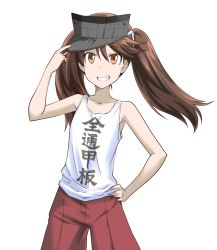 Rule 34 | 10s, 1girl, bare shoulders, brown eyes, brown hair, clothes writing, grin, hand on own hip, iwatobi hiro, kantai collection, long hair, looking at viewer, ryuujou (kancolle), smile, solo, tank top, translation request, visor cap