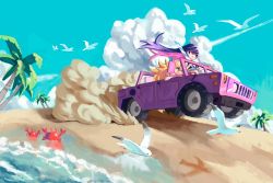 Rule 34 | 2girls, beach, bird, calilo, car, colored inner hair, crab, driving, hummer, katana, motor vehicle, multicolored hair, multiple girls, panty &amp; stocking with garterbelt, panty (psg), sand, seagull, see-through (psg), siblings, sisters, stocking (psg), sword, two-tone hair, vehicle focus, weapon