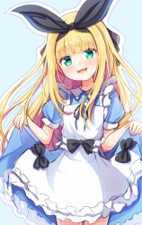 Rule 34 | 1girl, :d, apron, baram, black bow, black ribbon, blonde hair, blue background, blue dress, bow, commentary request, dress, frilled apron, frills, green eyes, hair ribbon, highres, long hair, looking at viewer, mononobe alice, mononobe alice (1st costume), nijisanji, open mouth, outline, puffy short sleeves, puffy sleeves, ribbon, short sleeves, skirt hold, smile, solo, very long hair, virtual youtuber, white apron, white outline