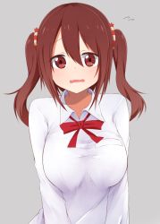 Rule 34 | 10s, 1girl, blush, bow, breasts, brown eyes, brown hair, collarbone, ebina nana, female focus, grey background, highres, himouto! umaru-chan, hoshimiya aki, large breasts, long hair, long sleeves, looking at viewer, open mouth, red bow, red eyes, school uniform, shirt, simple background, solo, taut clothes, taut shirt, twintails, wavy mouth, white shirt