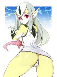 Rule 34 | 1girl, ao no roku-gou, ass, black skin, blush, colored skin, dress, facial mark, fins, forehead mark, from behind, grey hair, highres, looking at viewer, monster girl, multicolored skin, mutio, panties, pointy ears, red eyes, shiny skin, slugbox, solo, therianthrope, underwater, underwear, webbed hands, white panties, white skin, yellow skin