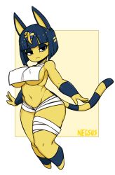 Rule 34 | 1girl, animal crossing, animal ears, ankha (animal crossing), bandages, bare shoulders, blue hair, blunt bangs, bob cut, border, breasts, cat ears, closed eyes, covered erect nipples, full body, furry, furry female, half-closed eyes, highres, large breasts, looking at viewer, negsus, nintendo, short hair, simple background, solo, standing, tail, underboob, white border, yellow background
