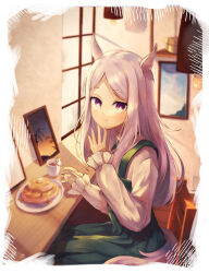 Rule 34 | 1girl, absurdres, animal ears, blurry, blurry background, blush, border, closed mouth, coffee mug, commentary request, cup, dress, eating, food, fork, green dress, highres, holding, holding fork, horse ears, horse girl, horse tail, indoors, isana615, lamp, long sleeves, looking at viewer, mejiro mcqueen (umamusume), mug, on chair, pancake, pancake stack, picture frame, plate, purple eyes, purple hair, sitting, solo, table, tail, umamusume, white border, window, windowsill, wooden chair, wooden floor, wooden table