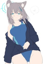 Rule 34 | 1girl, animal ear fluff, animal ears, bad id, bad pixiv id, black jacket, blue archive, blue eyes, blue one-piece swimsuit, blush, breasts, closed mouth, collarbone, competition swimsuit, dutch angle, gluteal fold, goyain, grey hair, groin, hair between eyes, halo, jacket, long sleeves, looking at viewer, medium breasts, off shoulder, one-piece swimsuit, open clothes, open jacket, resolution mismatch, shiroko (blue archive), shiroko (swimsuit) (blue archive), simple background, solo, source larger, sweat, swimsuit, swimsuit under clothes, thigh gap, white background