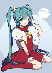 Rule 34 | 1girl, ahoge, aqua hair, blue background, boots, bow, bowtie, character name, christmas, dated, dress, earrings, full body, gloves, green eyes, hatsune miku, high heels, jewelry, knee boots, long hair, norang doryeong, one eye closed, open mouth, red dress, red footwear, sitting, solo, twintails, very long hair, vocaloid, wariza, white gloves, yellow bow, yellow bowtie