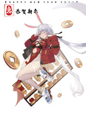 Rule 34 | 1girl, 2023, ;d, abacus, absurdres, animal ears, auguste, blush, breasts, chinese zodiac, coin, dress, full body, grey hair, grin, happy new year, high-waist pantyhose, highres, holed coin, jacket, long hair, long sleeves, looking at viewer, low twintails, medium breasts, new year, one eye closed, open clothes, open jacket, open mouth, original, pantyhose, parted lips, pelvic curtain, rabbit, rabbit ears, red dress, red eyes, red jacket, shoes, sleeves past wrists, smile, sneakers, solo, twintails, very long hair, white footwear, white pantyhose, year of the rabbit