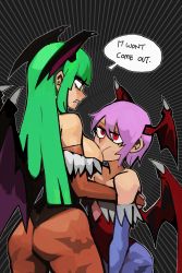 Rule 34 | 2girls, 33dot, absurdres, ass, bat wings, breast sucking, breastfeeding, breasts, commentary, demon girl, english commentary, english text, flat chest, green eyes, green hair, head wings, highres, large breasts, leotard, lilith aensland, long hair, looking at another, morrigan aensland, multiple girls, pantyhose, purple hair, red eyes, short hair, speech bubble, vampire (game), wings