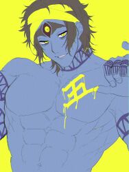 Rule 34 | 1boy, a nzi end, abs, arm tattoo, black hair, black sclera, blue skin, collarbone, colored sclera, colored skin, drawing on fourth wall, extra arms, extra eyes, finger tattoo, forehead tattoo, highres, looking at viewer, male focus, muscular, muscular male, neck tattoo, pectorals, shiva (shuumatsu no valkyrie), shuumatsu no valkyrie, slit pupils, smile, solo, tattoo, topless male, turban, upper body, yellow background, yellow eyes