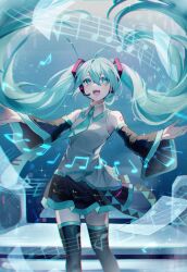Rule 34 | 1girl, aqua eyes, aqua hair, aqua necktie, bare shoulders, black skirt, black thighhighs, collared shirt, commentary request, detached sleeves, facing viewer, feet out of frame, floating hair, hatsune miku, headset, highres, long hair, looking ahead, murumuru (pixiv51689952), music, musical note, necktie, open mouth, outstretched arms, pleated skirt, shirt, singing, skirt, sleeveless, sleeveless shirt, solo, standing, teeth, thighhighs, twintails, upper teeth only, very long hair, vocaloid, white shirt, zettai ryouiki