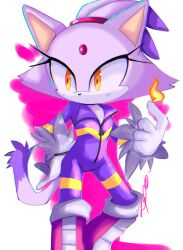 Rule 34 | 1girl, blaze the cat, cat girl, cat tail, eyelashes, fire, forehead jewel, fur-trimmed gloves, fur trim, furry, furry female, gloves, hand on own hip, highres, jumpsuit, nuinu 17, ponytail, purple fur, purple jumpsuit, sonic (series), sonic riders, tail, yellow eyes