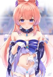 Rule 34 | 1girl, :o, aokabi (aokabic), bare shoulders, belly, blue eyes, blush, bow, bowtie, breasts, cleavage, clothes lift, collarbone, cowboy shot, frilled sleeves, frills, genshin impact, gloves, highres, lifted by self, long sleeves, looking at viewer, midriff, pink hair, sangonomiya kokomi, short shorts, shorts, solo, spread navel, thighhighs, twintails, vision (genshin impact), water drop, white gloves, white shorts, wide sleeves