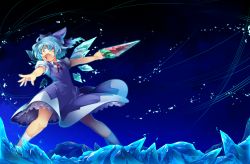 Rule 34 | 1girl, :o, blue eyes, blue hair, bow, cirno, dagger, dress, hair bow, highres, holding, ice, ice wings, knife, kokka han, matching hair/eyes, open mouth, outstretched arms, short hair, solo, touhou, weapon, wings