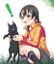 Rule 34 | !, 10s, 1girl, animal, black eyes, black hair, blush, cat, chito (flying witch), flying witch, highres, holding, holding animal, holding cat, kuramoto chinatsu, long sleeves, mad (hazukiken), open mouth, smile, solo, twintails