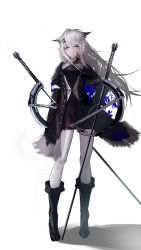 Rule 34 | 1girl, animal ear fluff, animal ears, arknights, bare legs, black coat, black jacket, black nails, black shorts, blood, blood on face, boots, coat, green eyes, grey eyes, hair ornament, hairclip, highres, holding, holding sword, holding weapon, jacket, lappland (arknights), lappland (refined horrormare) (arknights), long hair, mackia, nail polish, official alternate costume, planted, planted sword, planted weapon, scar, scar across eye, scar on face, shorts, silver hair, strapless, sword, tail, tube top, weapon, wolf ears, wolf tail