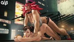 Rule 34 | 2girls, 3d, animated, aqua eyes, belt collar, bouncing breasts, bracelet, breasts, brown eyes, brown hair, capcom, choker, chun-li, cleavage, clothed female nude female, collar, commentary, denim, denim shorts, doggystyle, double bun, earrings, english commentary, futa with female, futanari, generalbutch, hair bun, hat, high heels, highres, huge breasts, huge penis, jewelry, large breasts, messy hair, moaning, multiple girls, nude, outdoors, pale skin, peaked cap, penis, pink hair, poison (final fight), red lips, rolling eyes, sex, sex from behind, shirt, short hair, short shorts, shorts, single hair bun, sound, spiked hair, stomach bulge, street fighter, street fighter ii (series), tank top, thick thighs, thighs, top-down bottom-up, torn clothes, torn shirt, torn tank top, video
