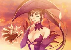 Rule 34 | 1girl, bare shoulders, breasts, brown hair, cleavage, cloud, cloudy sky, collarbone, detached collar, detached sleeves, dress, elbow gloves, finger to mouth, fingerless gloves, gloves, hand up, hat, highres, large breasts, looking at viewer, no bra, one eye closed, panties, ponytail, shining (series), shining ark, sky, smile, solo, tony taka, underwear, viola (shining ark)