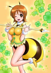 Rule 34 | 1girl, antennae, bee costume, blush, breasts, brown eyes, brown hair, choker, clover, clover (flower), costume, flower, four-leaf clover, happinesscharge precure!, lance, large breasts, looking at viewer, mattsua, medium hair, one eye closed, oomori yuuko, open mouth, polearm, precure, smile, solo, sparkle, striped, vest, weapon, wristband