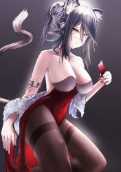 Rule 34 | 1girl, animal ears, arknights, bare shoulders, black hair, blush, breasts, brown pantyhose, cat ears, cat tail, cleavage, collarbone, covered navel, dress, earrings, fur trim, gradient background, highres, holding, jewelry, kainines, large breasts, legs, nail polish, pantyhose, ponytail, red dress, schwarz (arknights), sidelocks, skin tight, solo, strapless, strapless dress, tail, thighband pantyhose, thighs, yellow eyes