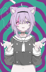 Rule 34 | 1girl, @ @, ahoge, animal ear fluff, animal ears, bags under eyes, black shirt, buttons, cat ears, cat girl, cat tail, collar, collarbone, commentary, crying, crying with eyes open, double-breasted, ghost, green background, hands up, highres, hololive, light purple hair, liquid from mouth, long sleeves, looking up, messy hair, mushoku loli, navel, neckerchief, nekomata okayu, nekomata okayu (casual), open mouth, p.h. (vocaloid), pouring onto another, purple background, purple eyes, sailor collar, sanpaku, shirt, short hair, sleeve cuffs, solo, stomach, straight-on, tail, tail raised, tears, test tube, two-tone background, virtual youtuber, white neckerchief, white sailor collar