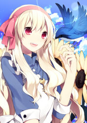 Rule 34 | 1girl, :d, bad id, bad pixiv id, bird, blonde hair, buttoned cuffs, buttons, flower, hijiri (resetter), jewelry, kagerou project, key, key necklace, kozakura marry, long hair, necklace, open mouth, red eyes, smile, solo, souzou forest (vocaloid), sunflower, vocaloid