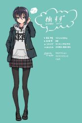Rule 34 | 1girl, bad id, bad twitter id, black hair, black jacket, black pantyhose, blazer, character profile, closed mouth, drawstring, expressionless, fujiya takao, full body, green eyes, hair between eyes, hand in pocket, hand up, highres, hood, hood down, hoodie, jacket, kusunoki suzu, loafers, long sleeves, looking at viewer, miniskirt, musical note, open clothes, open jacket, original, pantyhose, plaid, plaid skirt, pleated skirt, shoes, short hair, skirt, solo, spoken musical note, standing, translation request, undershirt