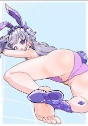Rule 34 | 1girl, :d, animal ears, ass, blush, cleft of venus, fake animal ears, fake tail, from behind, gem, grey hair, hair flaps, headpiece, highres, hololive, hololive english, jewel under eye, koseki bijou, leotard, long hair, looking back, lying, moral cacoethes, on stomach, open mouth, purple eyes, purple gemstone, purple leotard, pussy, pussy peek, rabbit ears, rabbit tail, smile, solo, tail, teeth, upper teeth only, very long hair, virtual youtuber